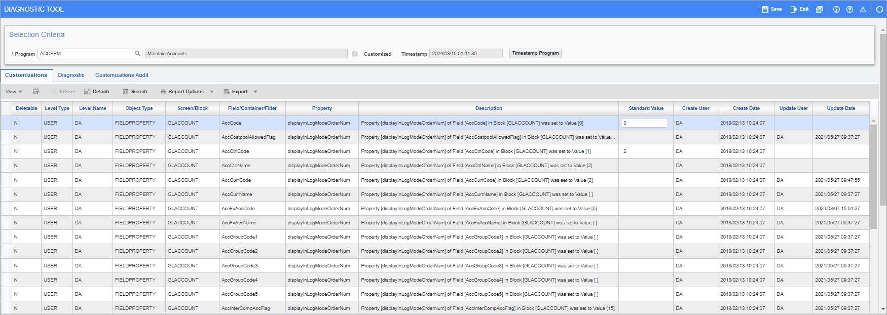 Screenshot of Diagnostic Tool Customizations tab.