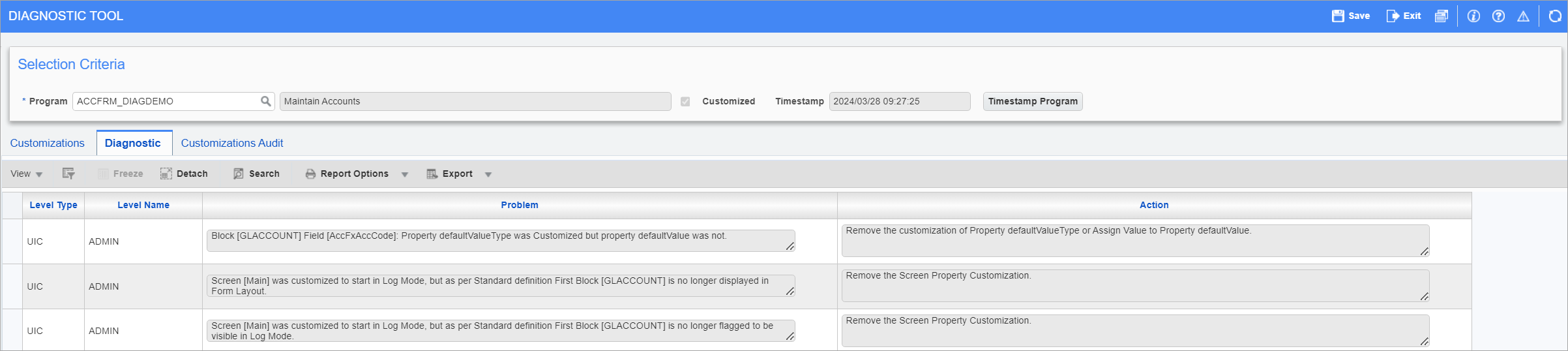 Screenshot of Diagnostic Tools screen with Diagnostic tab enabled.