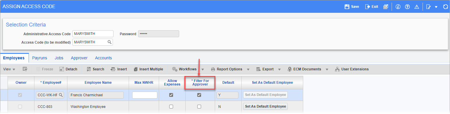 Screenshot of Assign Access Code with Filter for Approver column highlighted.