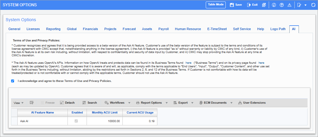 Screenshot of System Options AI tab.