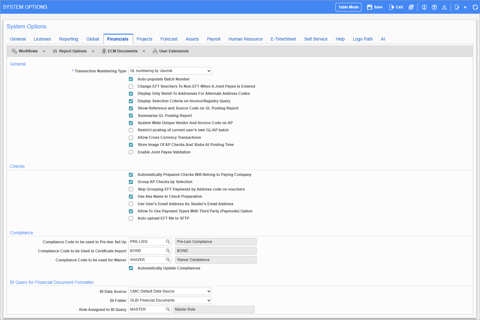 Screenshot of System Options - Financials tab.