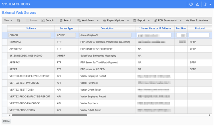 Screenshot of External Web Servers pop-up.