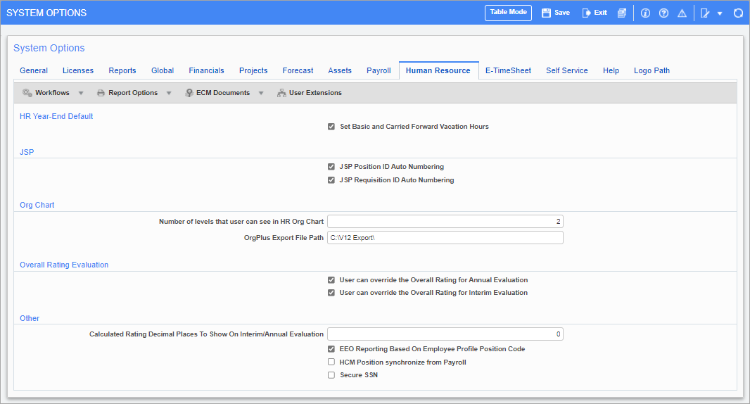 System Options - Human Resources Tab