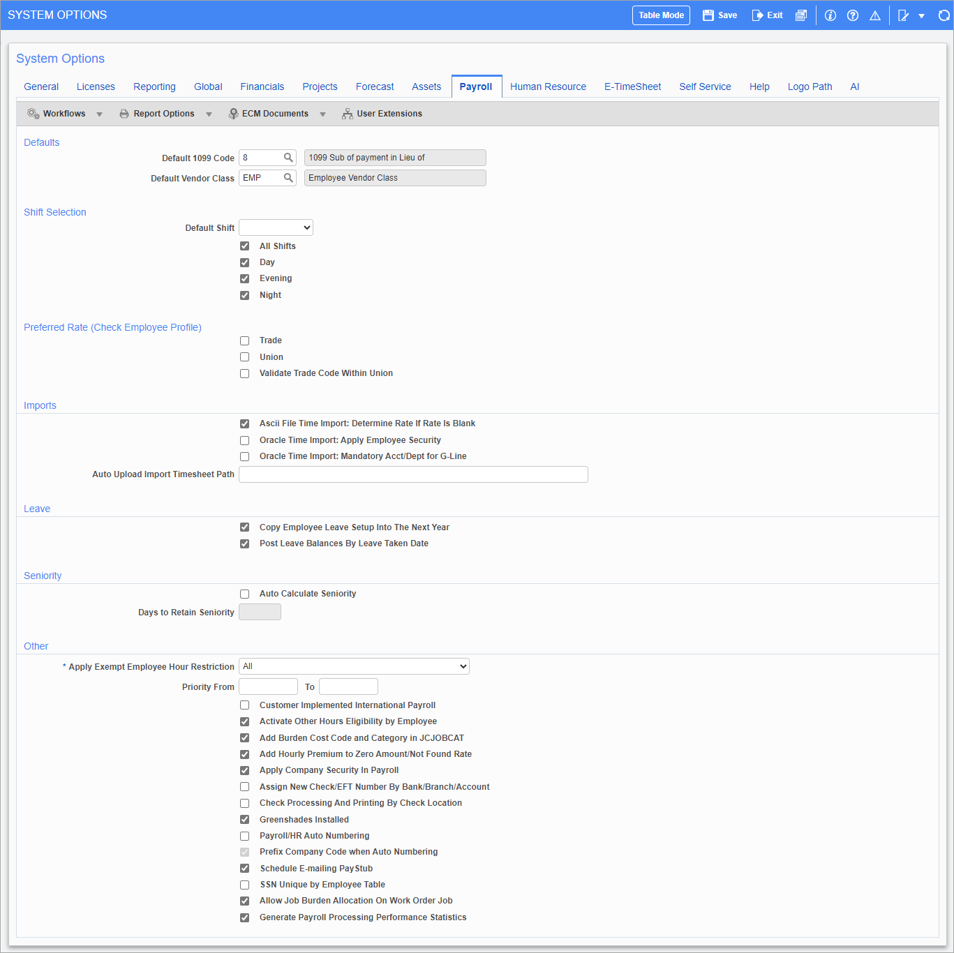 Screenshot of Payroll Tab