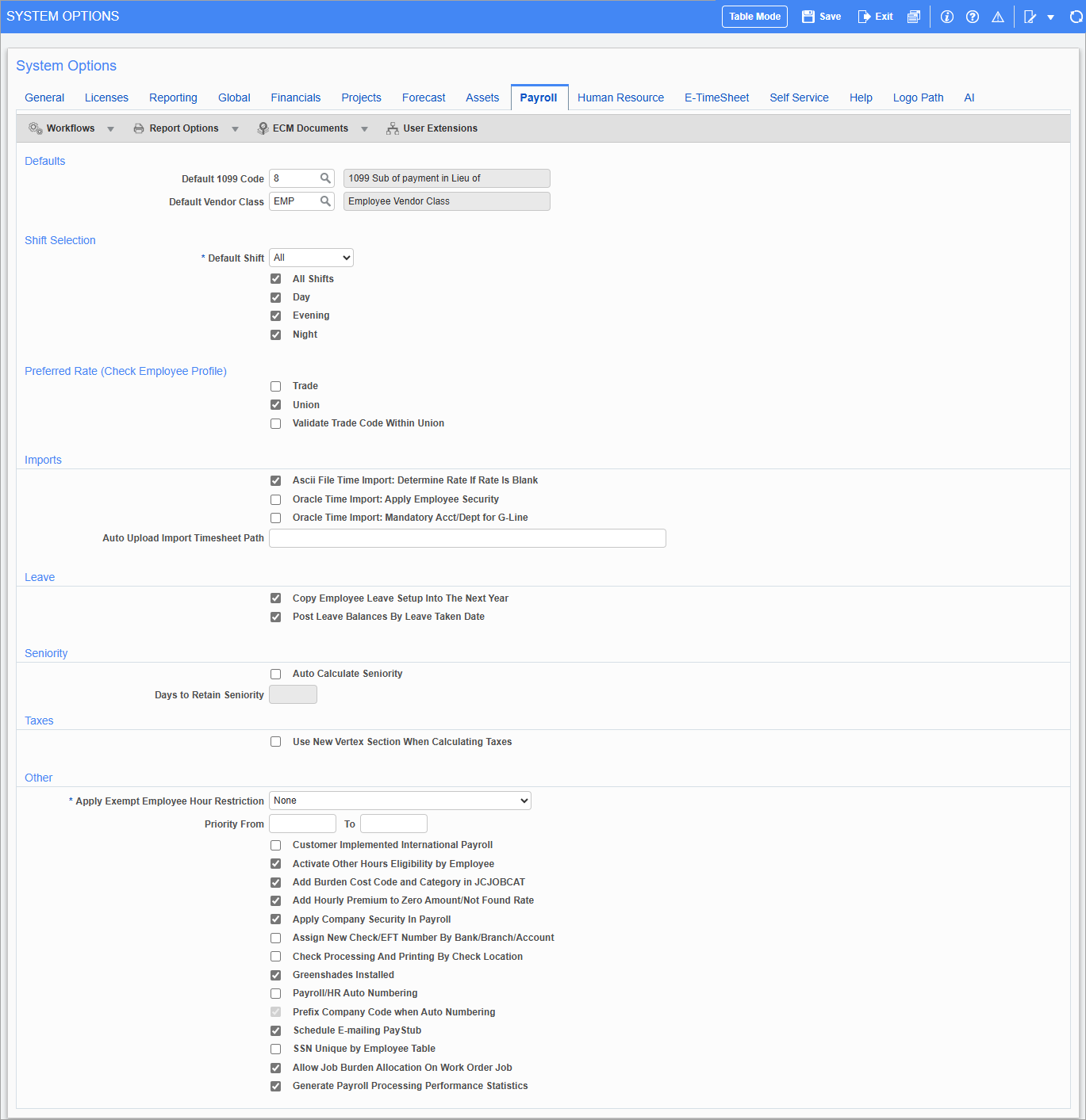 Screenshot of Payroll Tab