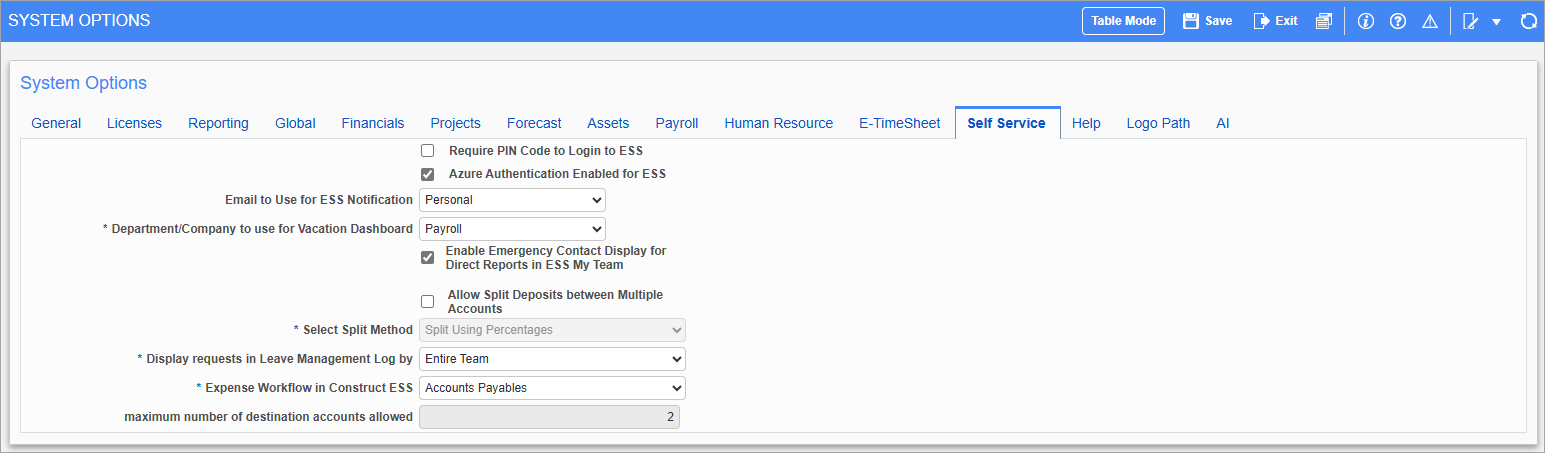 Screenshot of Self Service tab on System Options.
