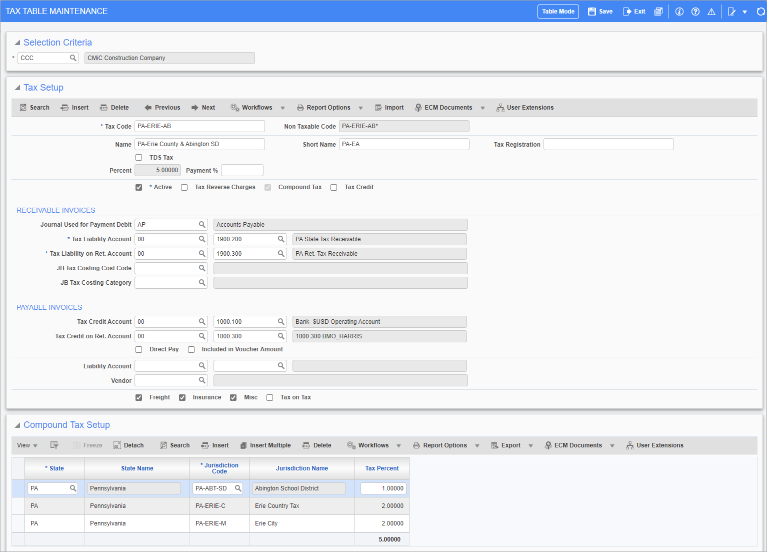 Screenshot of Tax Codes