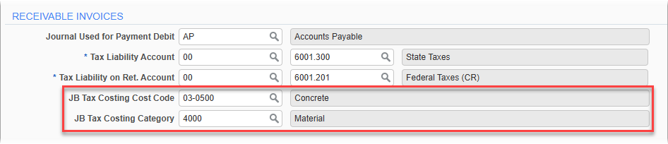 Screenshot of Receivable Invoices section with JB fields highlighted.