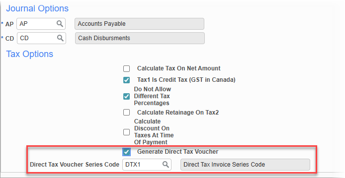 Screenshot of AP Control File - System Defaults tab - Tax Options section.