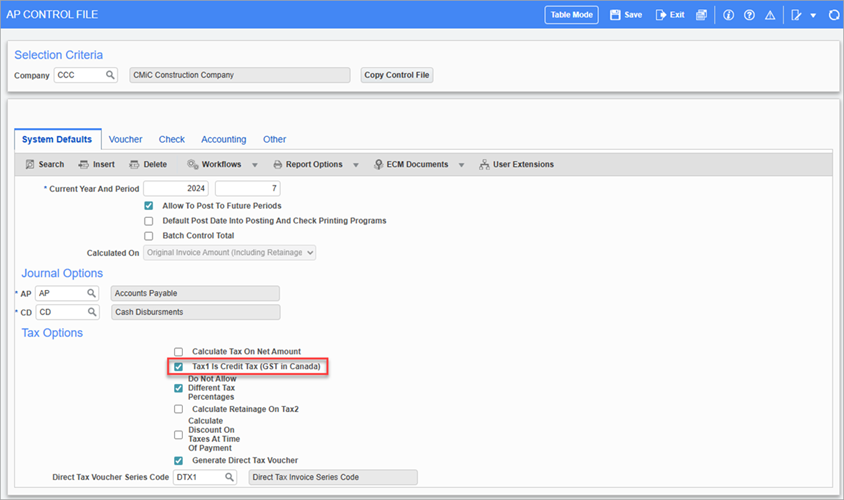 Screenshot of AP Control File with 'Tax1 is Credit Tax (GST in Canada)' box highlihghted.