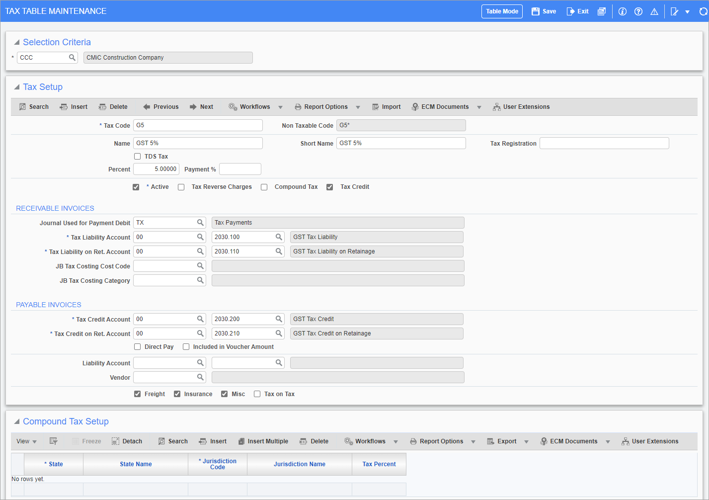 Screenshot of Tax Codes with value added tax setup example