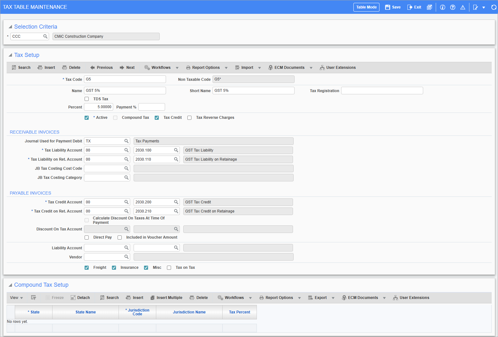 Screenshot of Tax Codes with value added tax setup example.