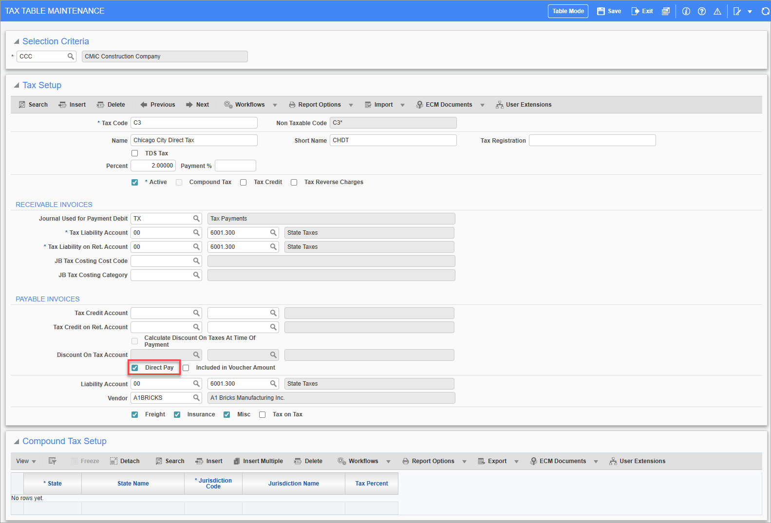 Screenshot of Tax Code with direct pay tax setup.
