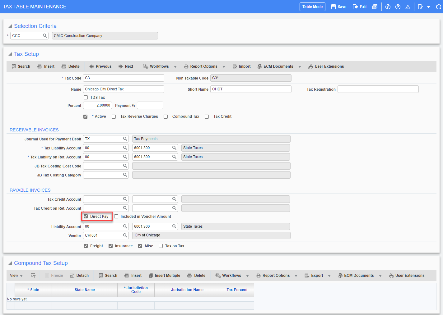 Screenshot of Tax Code with direct pay tax setup