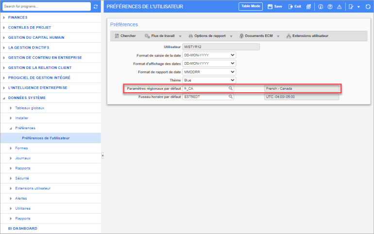 User Preferences - French Canada Default Locale