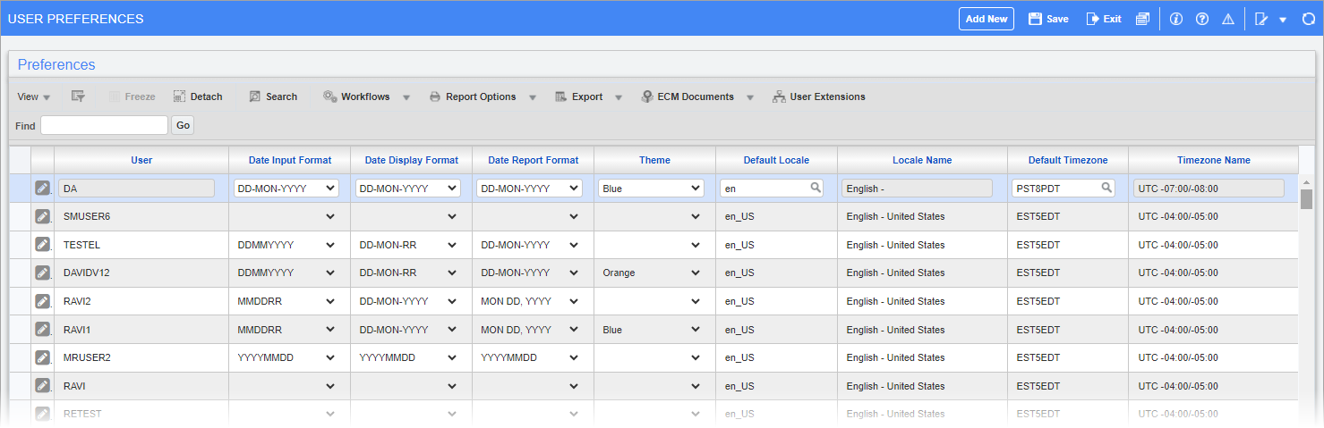 Screenshot of User Preferences screen in log view.