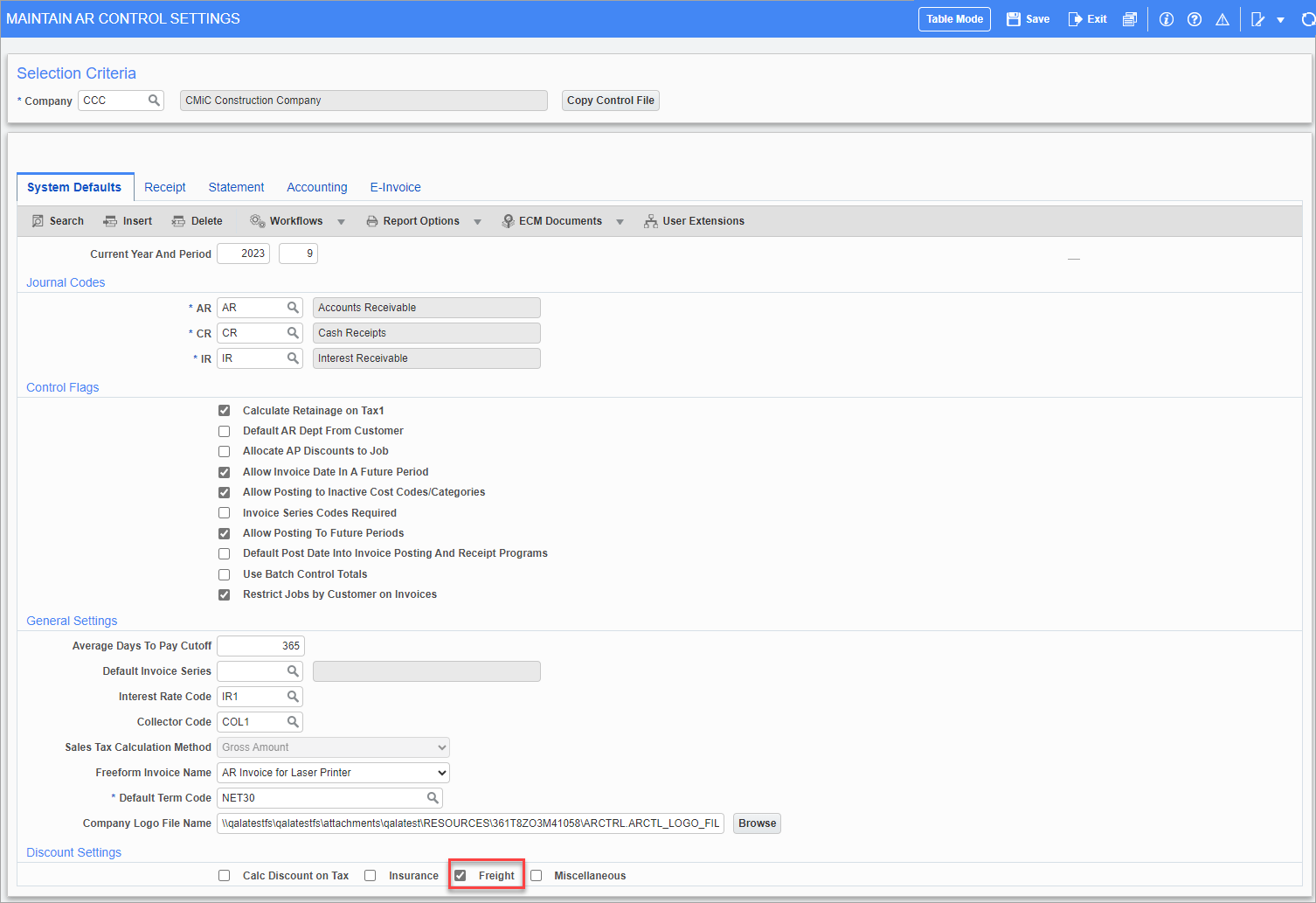 Screenshot of Maintain AR Control Settings  – System Defaults tab