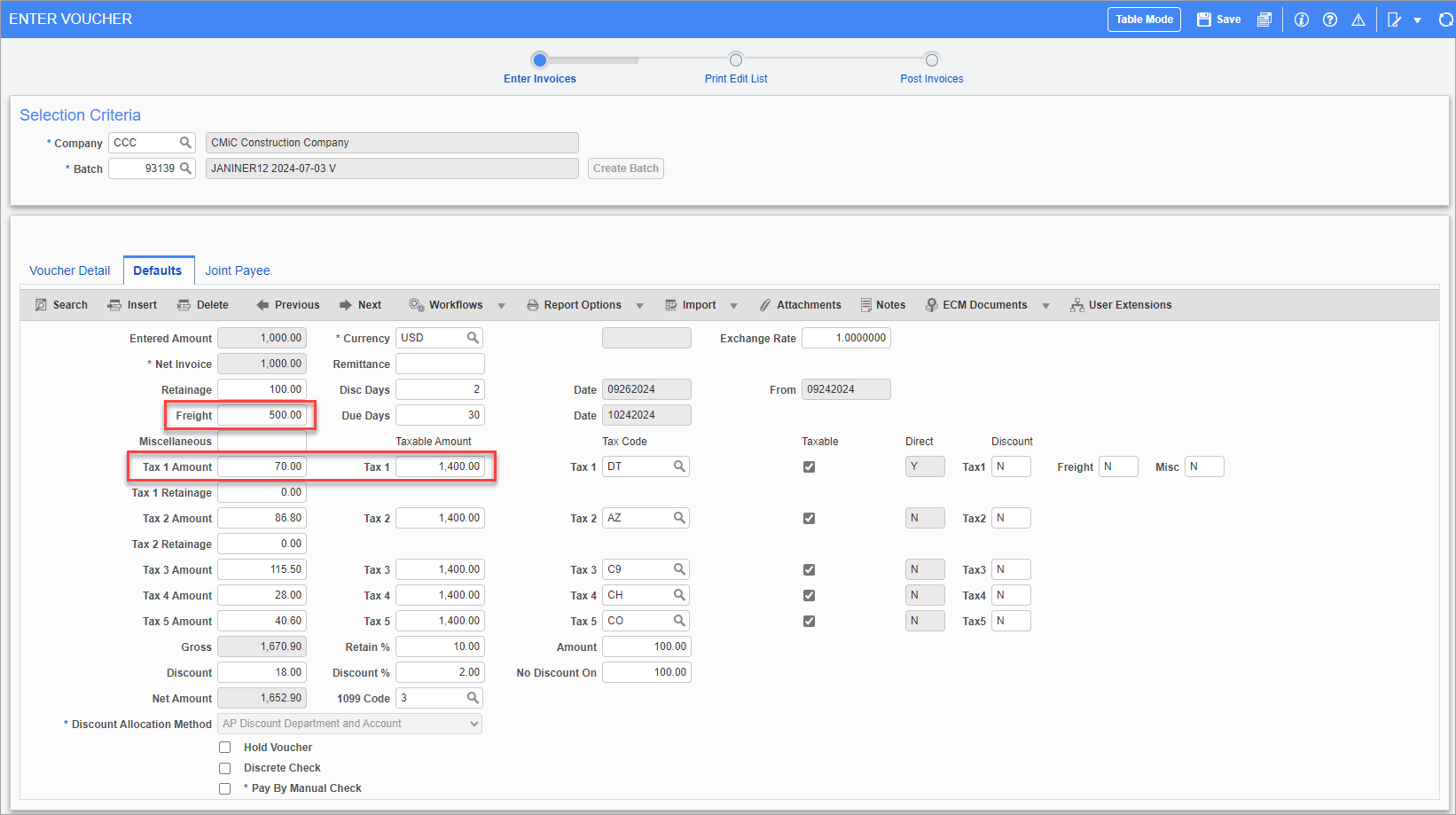 Screenshot of AP Enter Vouchers