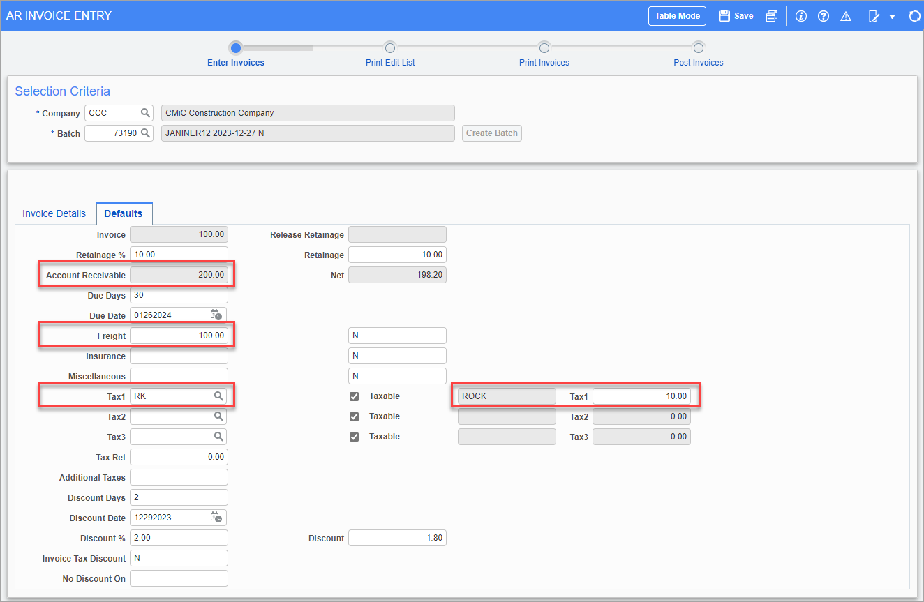 Screenshot of AR Invoice Entry