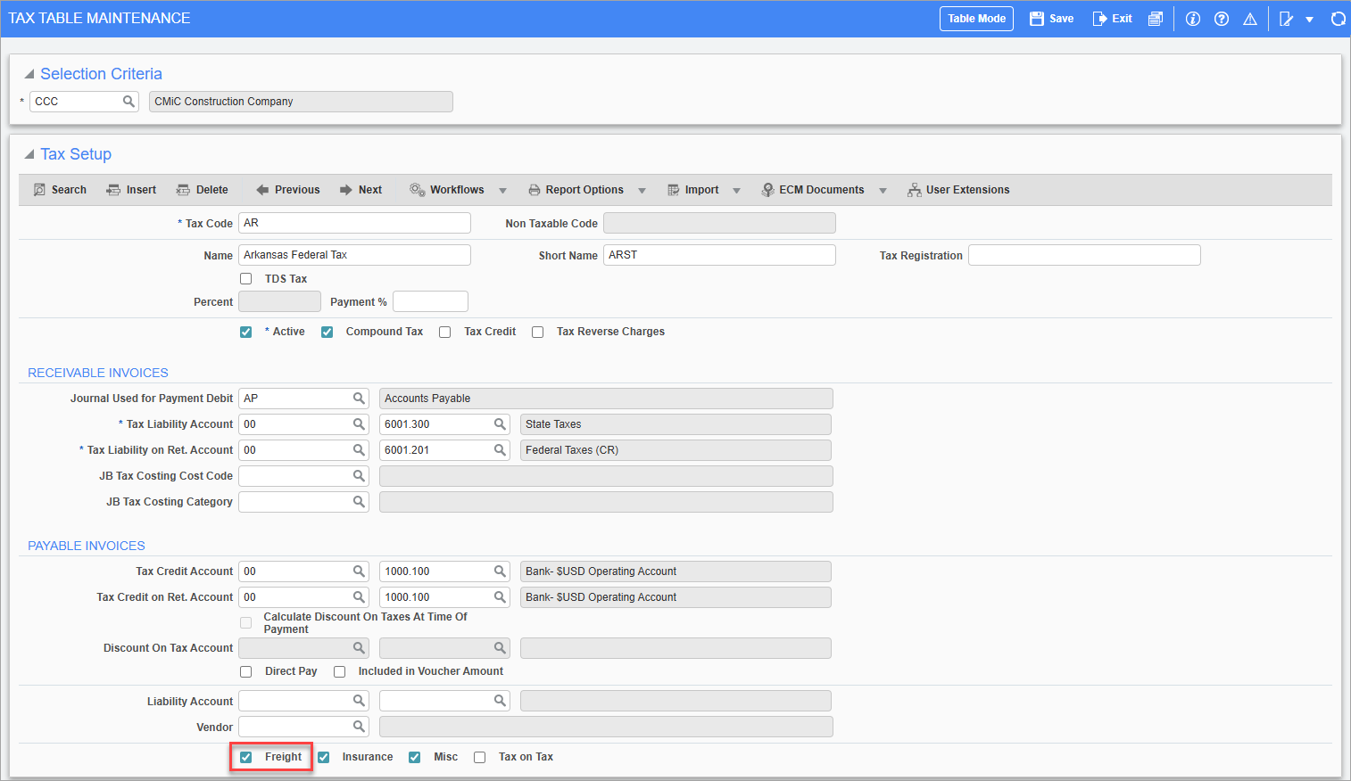 Screenshot of Tax Table Maintenance with 'Freight' box highlighted.