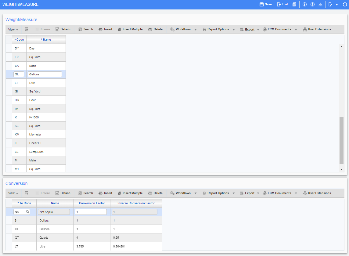 Screenshot of Weght/Measure screen.