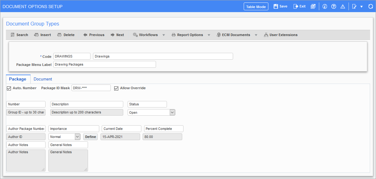 Screenshot of Document Options Setup screen in Form Mode