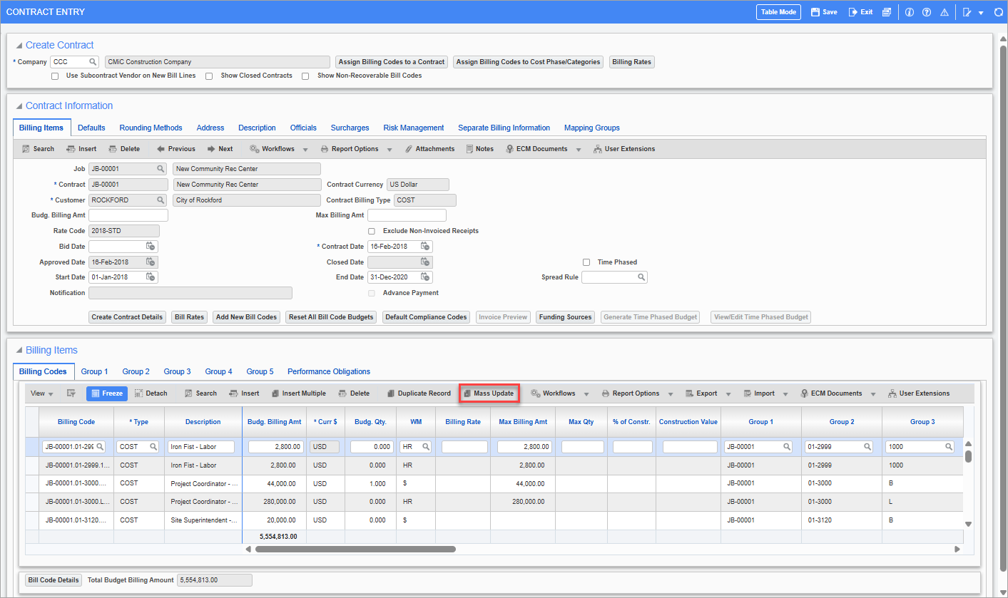 Screenshot of Contract Entry screen with [Mass Update] button highlighted.