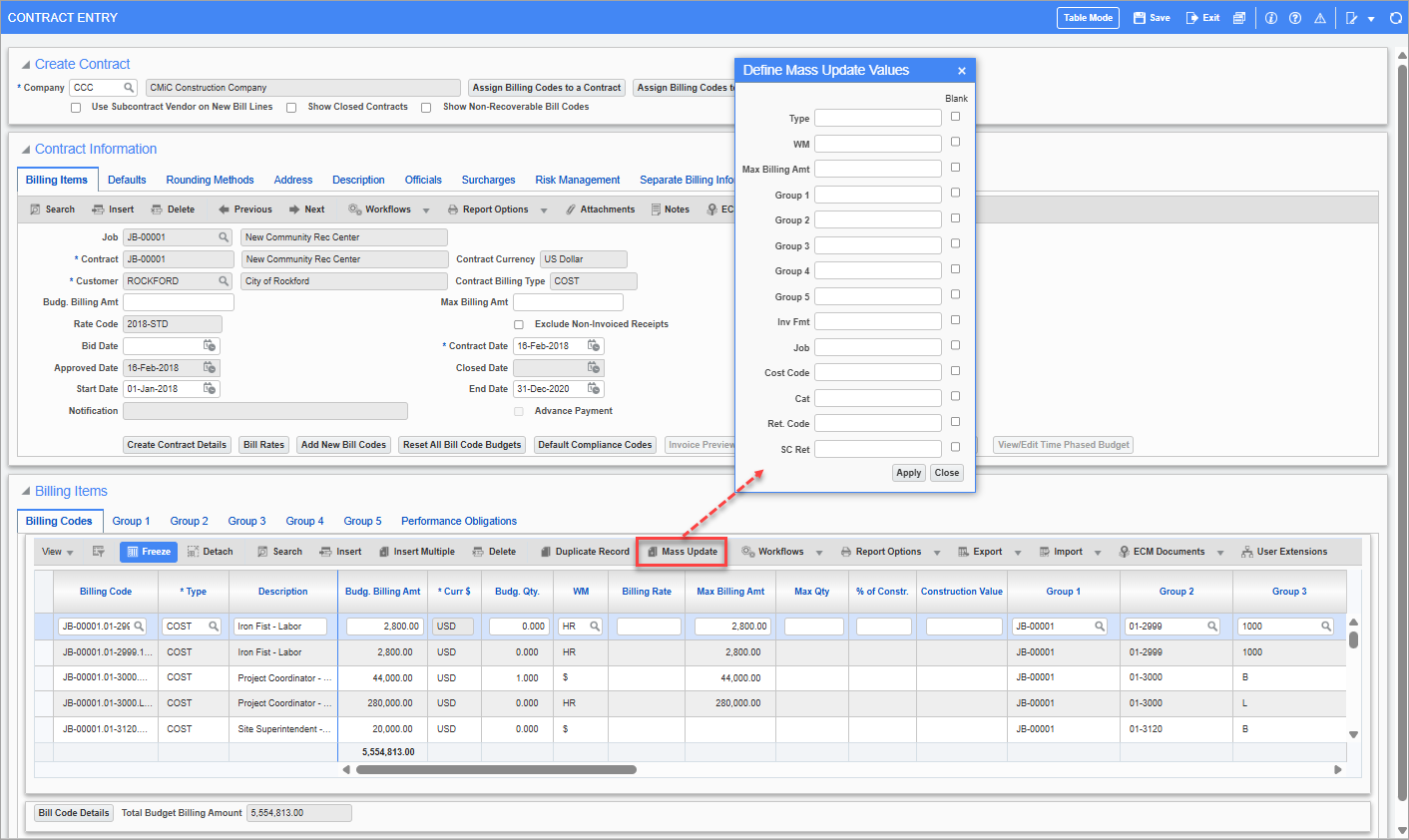 Screenshot of Define Mass Update Values pop-up window launched from [Mass Update] button on Contract Entry screen.