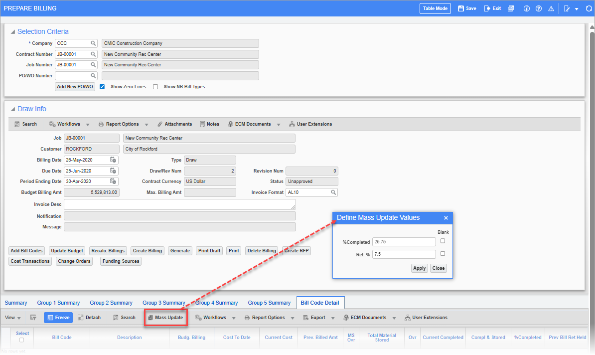 Screenshot of Define Mass Update Values pop-up window launched from the [Mass Update] button on the Prepare Billing screen. 