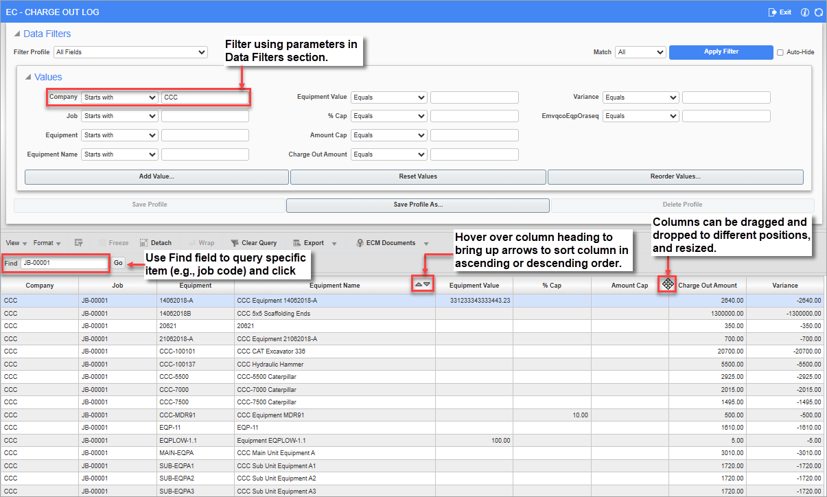 Example of Charge Out Detail Log in Equipment Costing module.