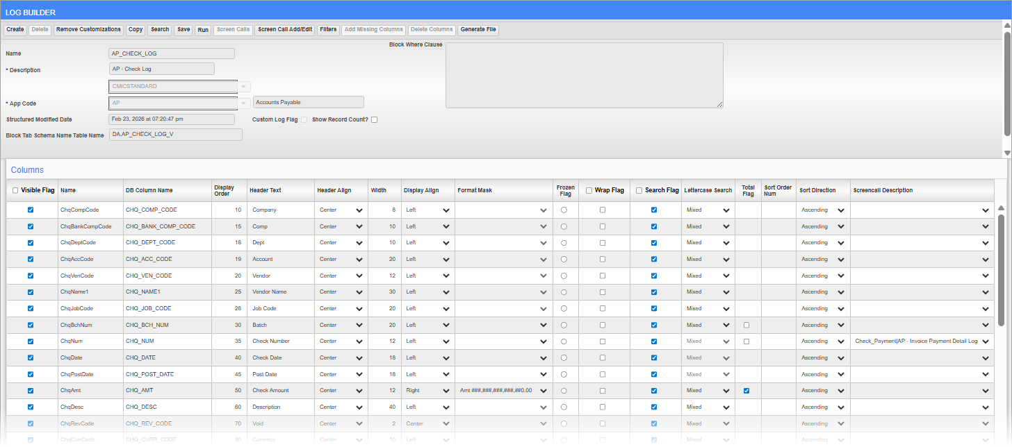 Example of Log Builder screen.
