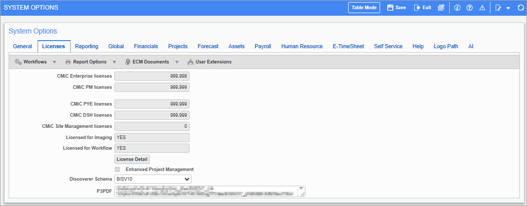 Screenshot of Licenses tab of System Options screen.