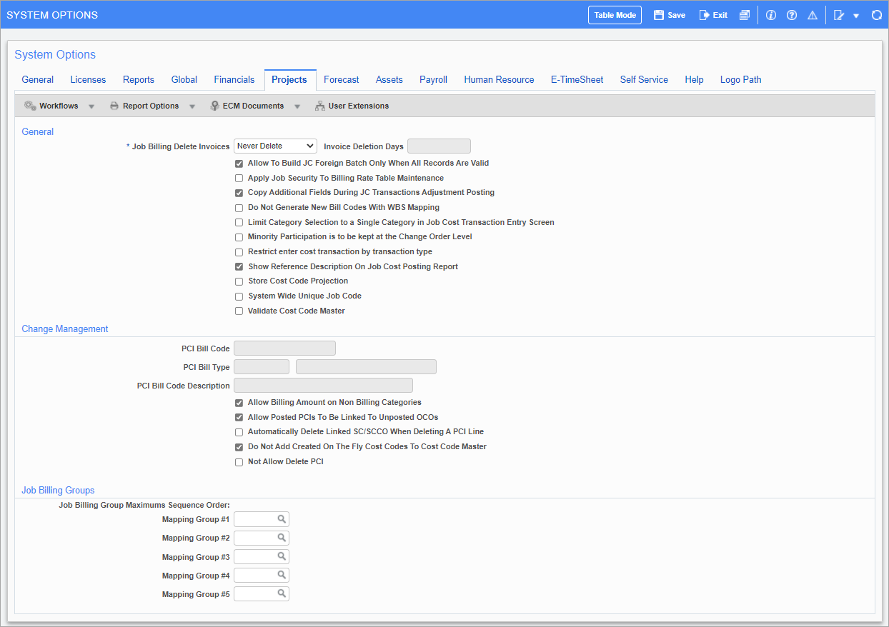 System Options - Projects Tab