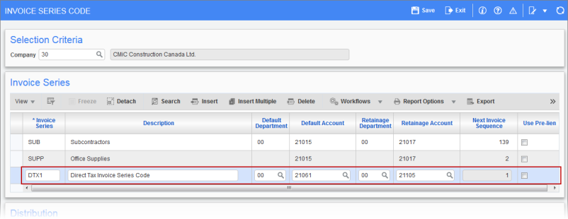 Image of sample of an invoice series code set up for a Direct Pay Tax