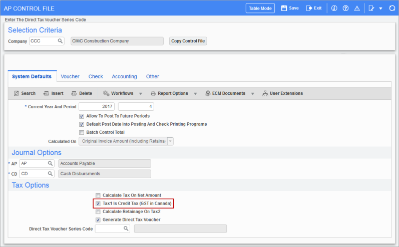Screenshot of System Defaults tab