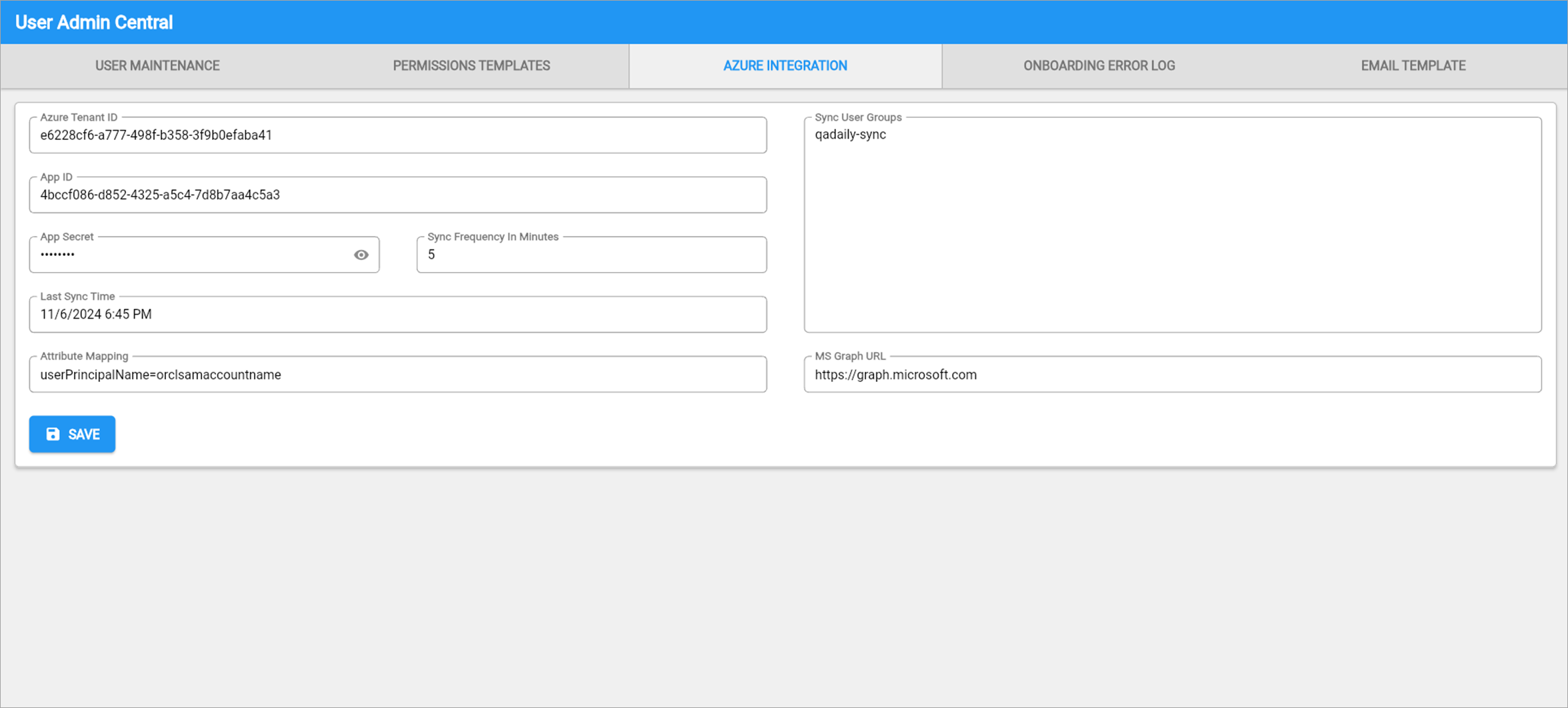 The Azure Integration tab on User Admin Central