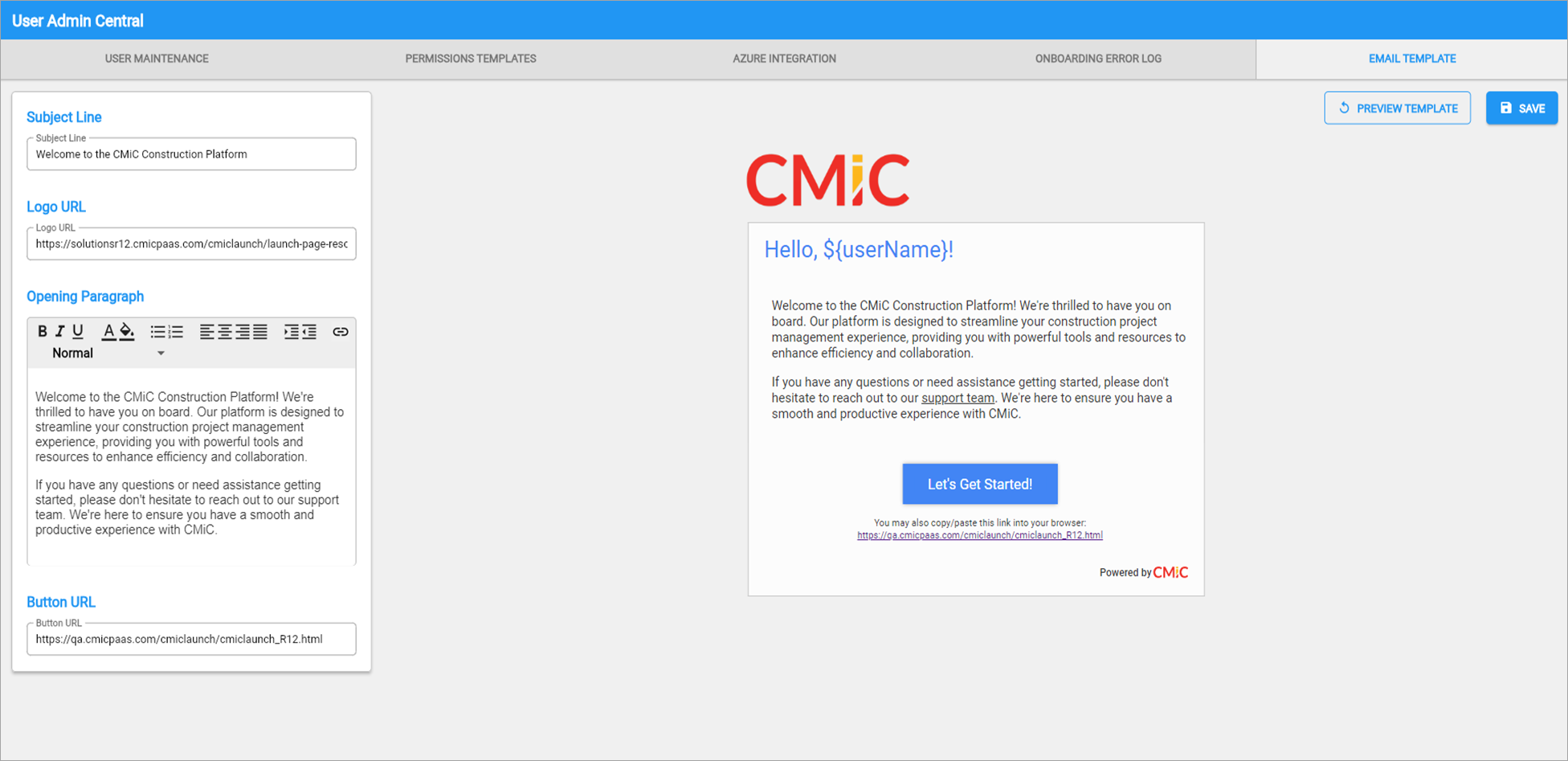 The Email Template tab on User Admin Central