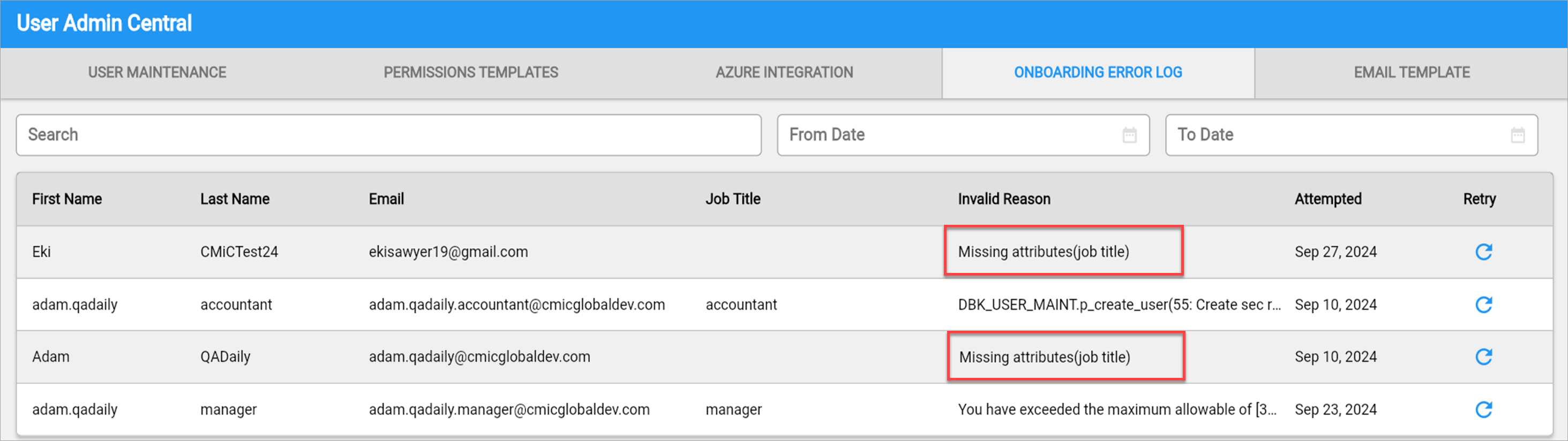 The Onboarding Error Log on User Admin Central