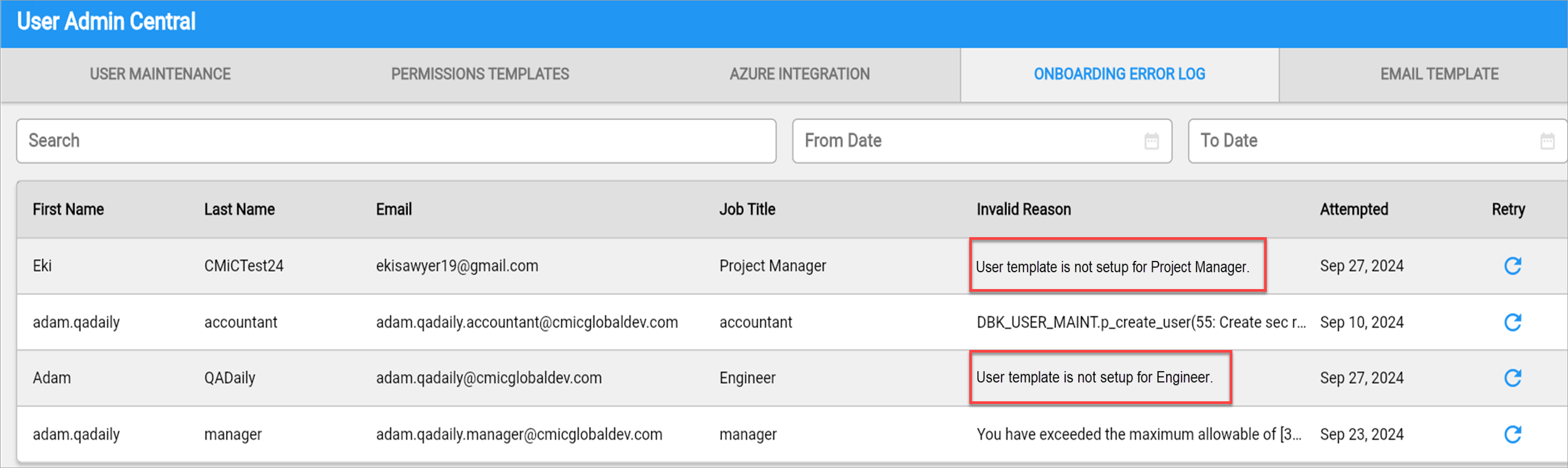 The Onboarding Error Log on User Admin Central