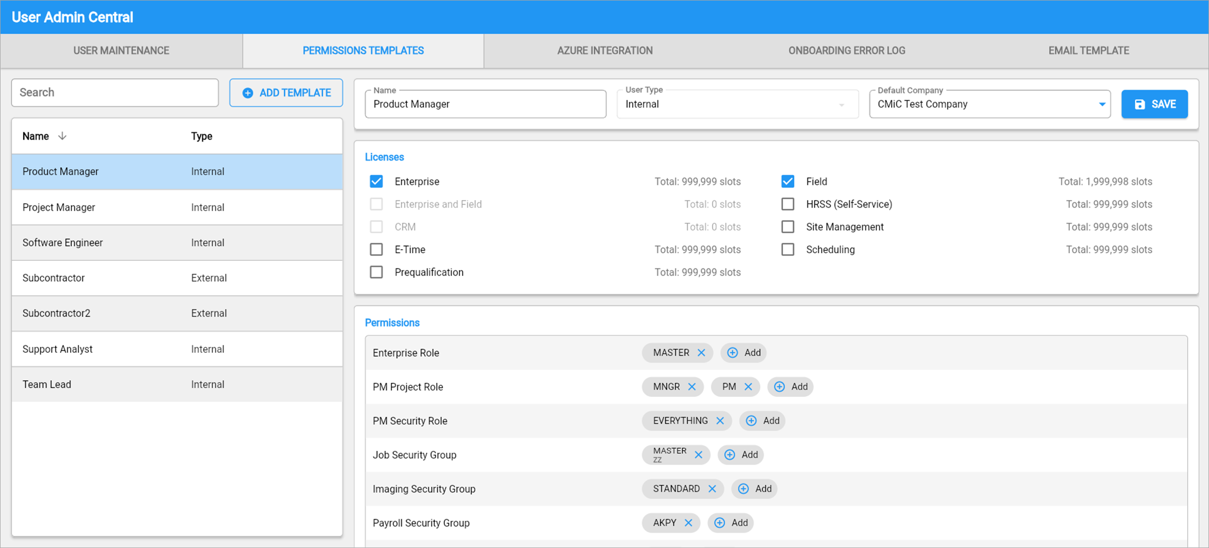 The Permissions Template tab on User Admin Central
