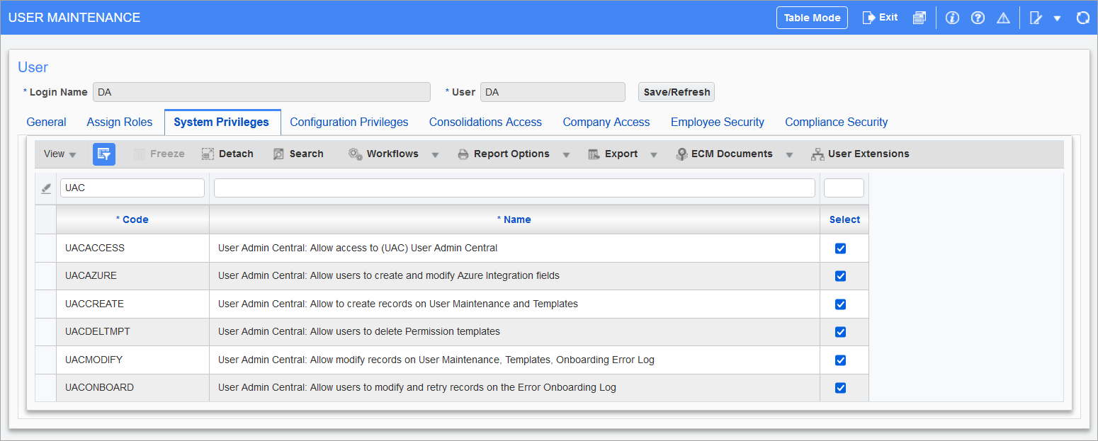 Sample of UAC system privileges on the User Maintenance screen