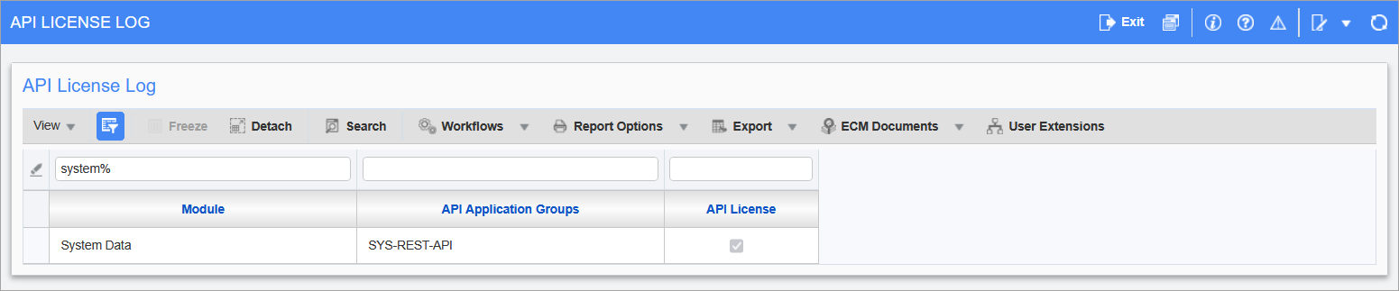 Screenshot of the API License Log