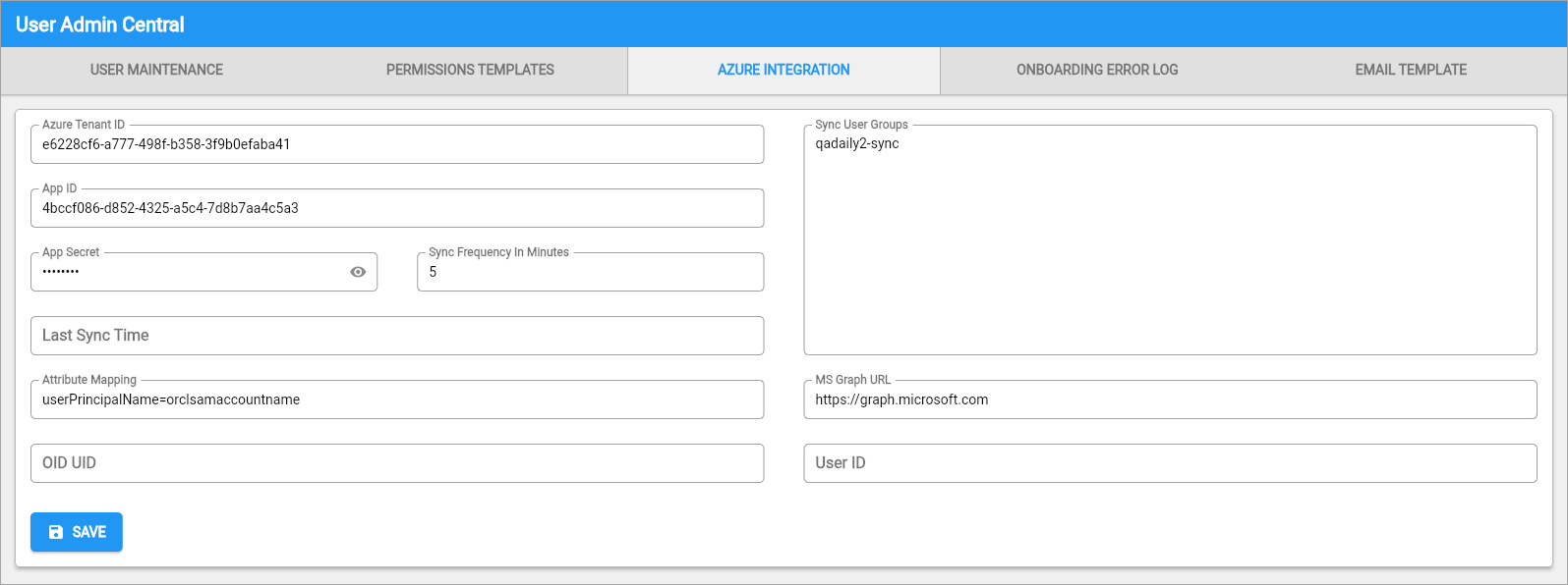 Sample of the Azure Integration tab on User Admin Central