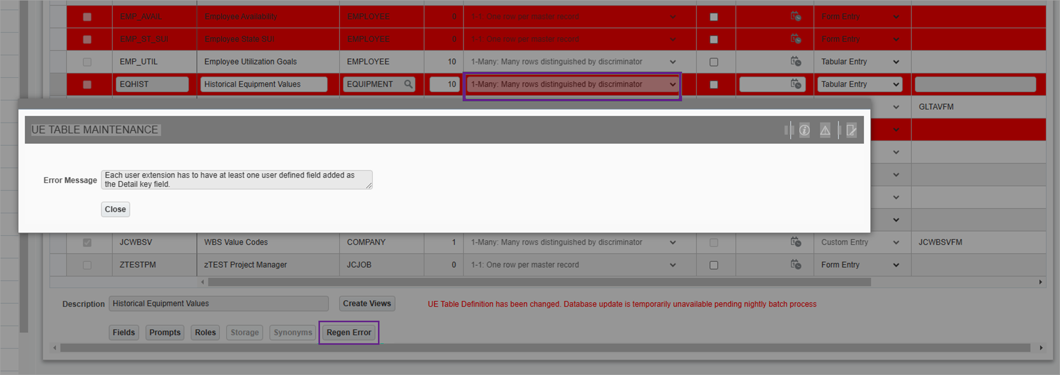 Sample of the Regen Error pop-up window in the UE Table Maintenance screen