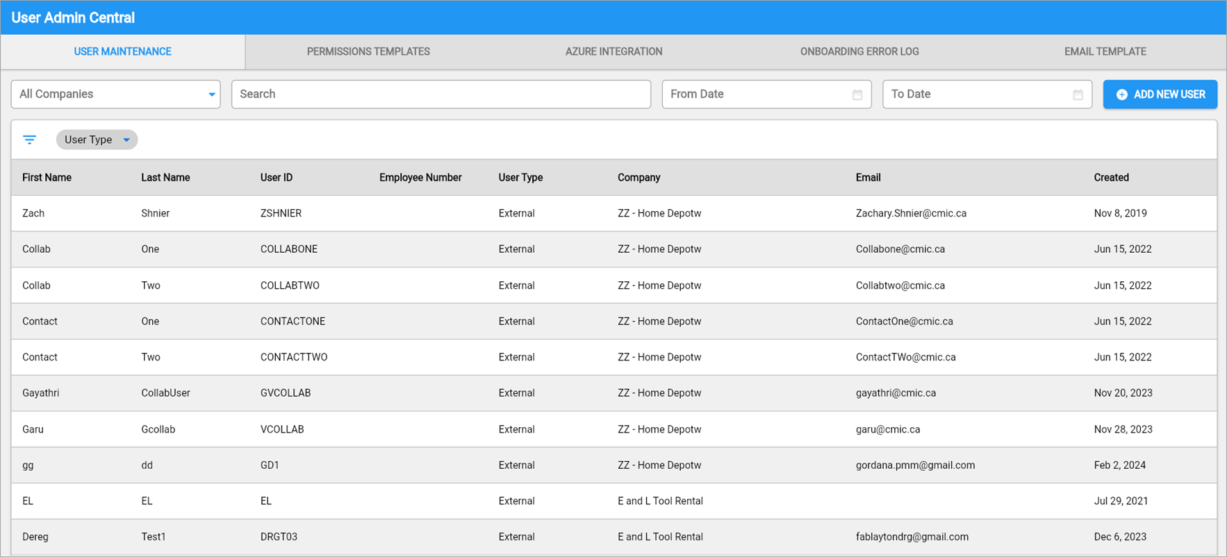 The User Maintenance tab on User Admin Central