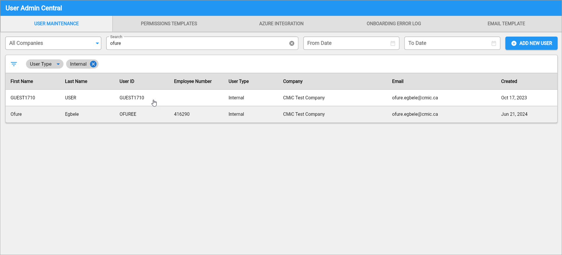 Sample of the search function on the User Maintenance tab