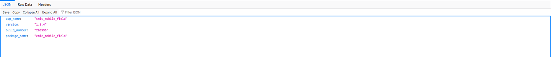 Screenshot of the version.json containing version information