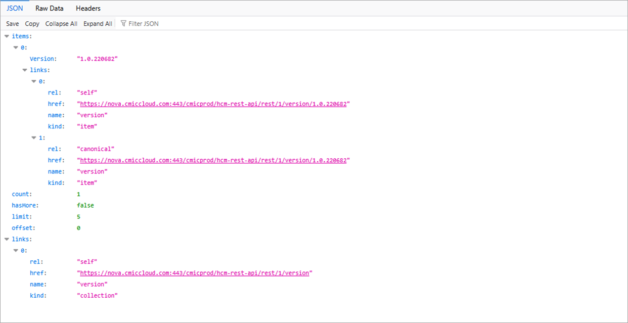 Example of version information for CMiC API endpoint