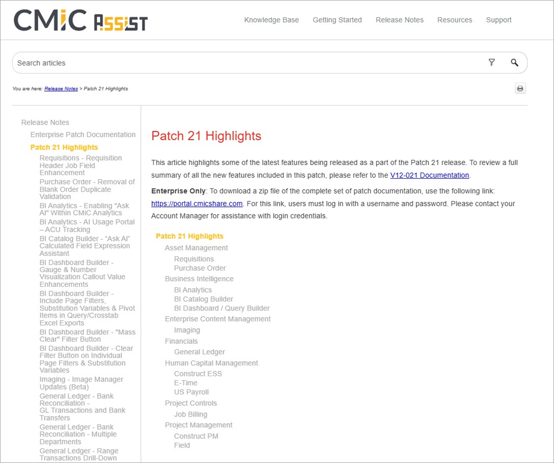 Screenshot of the Patch Highlights article in CMiC Assist