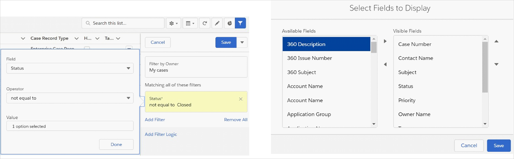 Screenshot of Edit List Filters and selecting fields to display